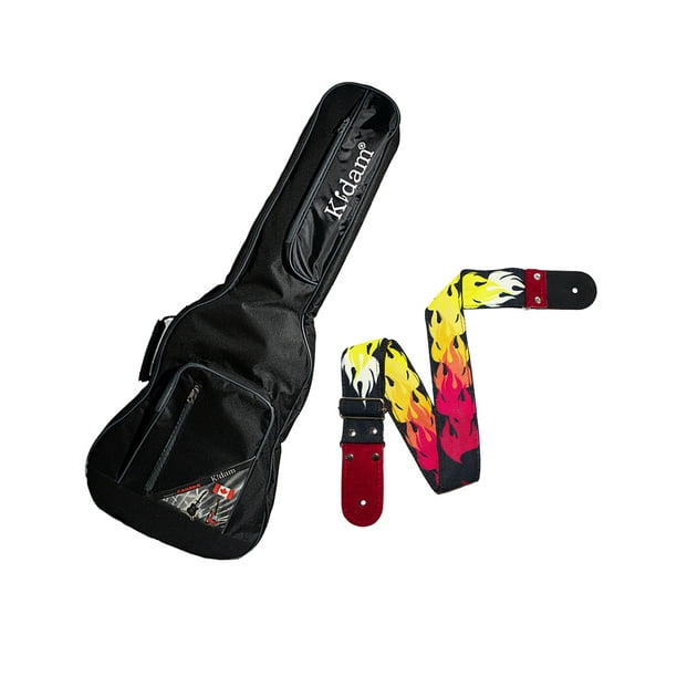 PAQUETE Estuche para guitarra eléctrica Funda para guitarra Gig bag, guitar case para trasporte y protección, color negro bordes grises + Tahali strap correa Kidam FLAMAS ROJAS
