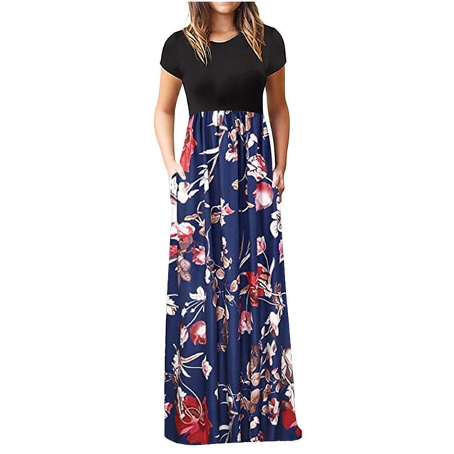 QIPOPIQ Robe Maxi Élégante pour Femme à Manches Courtes Tendance à Col Rond Robes Décontractées Robe d'Été Ample Robe à Imprimé Floral Jupe Longue Offres 2023