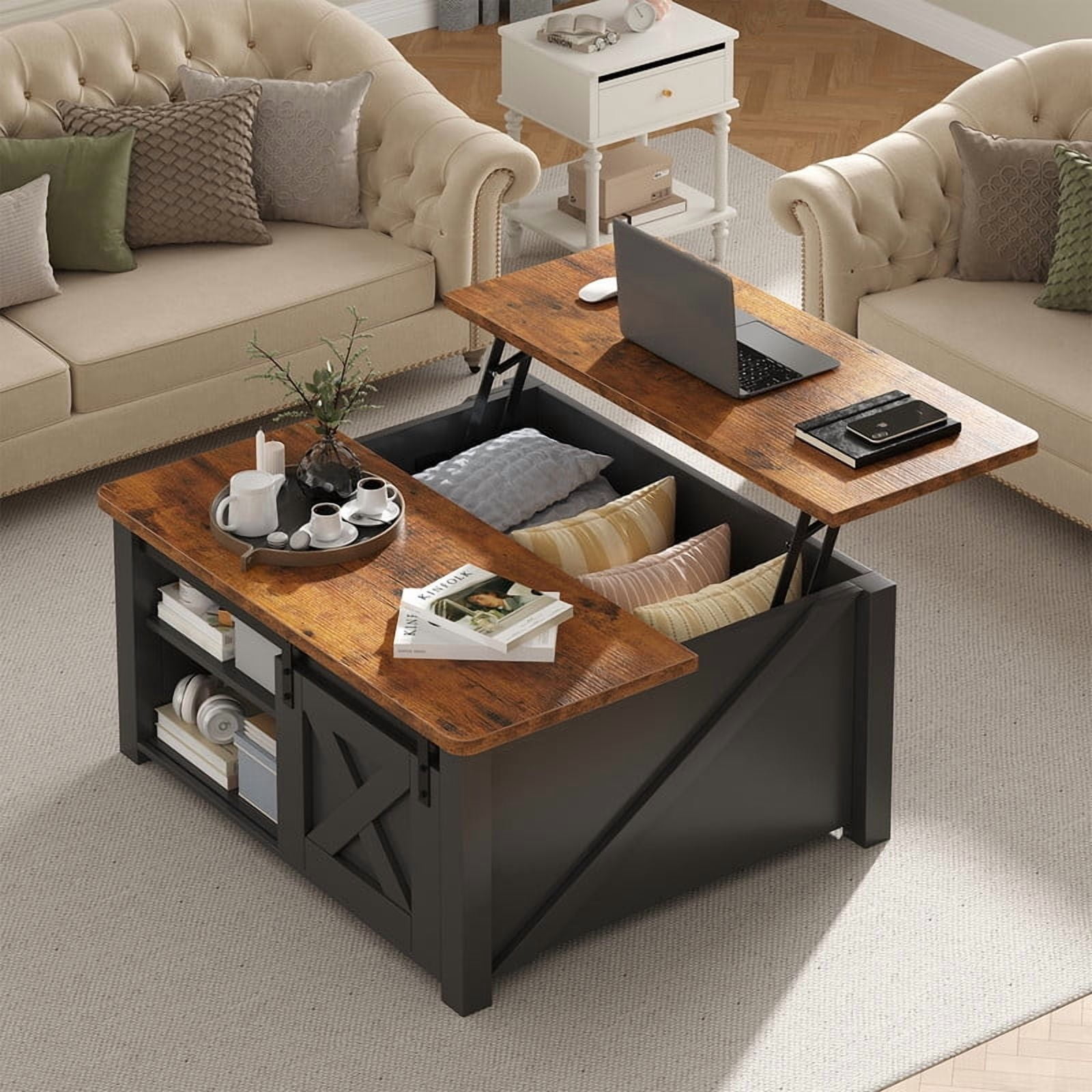 Gianna Lift Top Coffee Table with Large Hidden Storage, Adjustable Shelves, Black-new