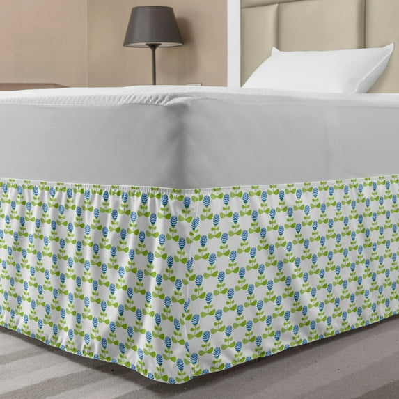 Floral Bed Skirt, Childish Art Design Flower Silhouette in Repeated Pattern, Elastic Bedskirt Dust Ruffle Wrap Around for Bedding Decor, 4 Sizes, Apple Green Azure Blue, by Ambesonne