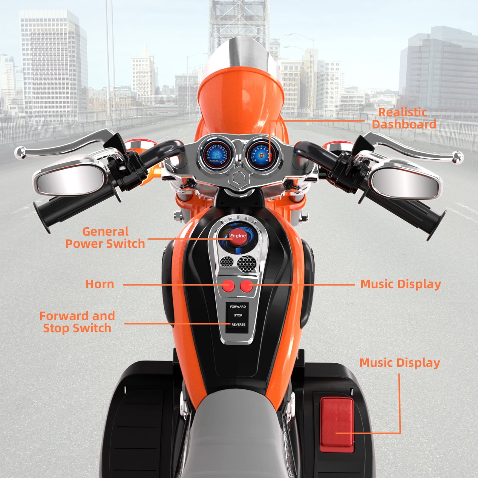 KORIMEFA 3 Wheel Kids Ride On Motorcycle 6V Battery Powered Electric Toy Orange