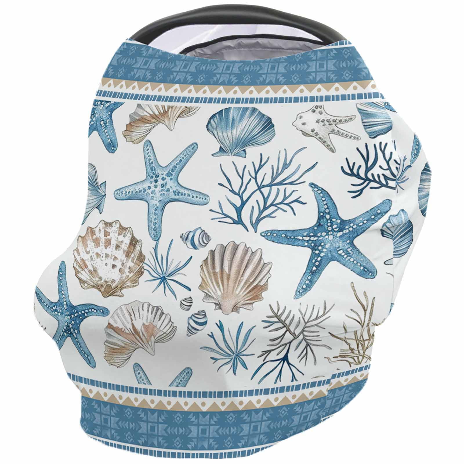 Blue Coastal Nautical Nursing Cover for Breastfeeding Baby Infant Car Seat Shopping Cart Cover Summer Beach Starfish Shell Coral Carseat Canopy Stroller Cart Cover for Babies Girls/Boys