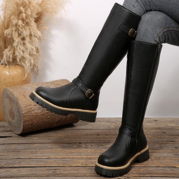 Taylonsss Women's Mid-Heel Round Toe Knee Boots with Adjustable Buckle Straps and Textured Sole for Winter Comfortable and Stable Riding Boot Style with Classic Design
