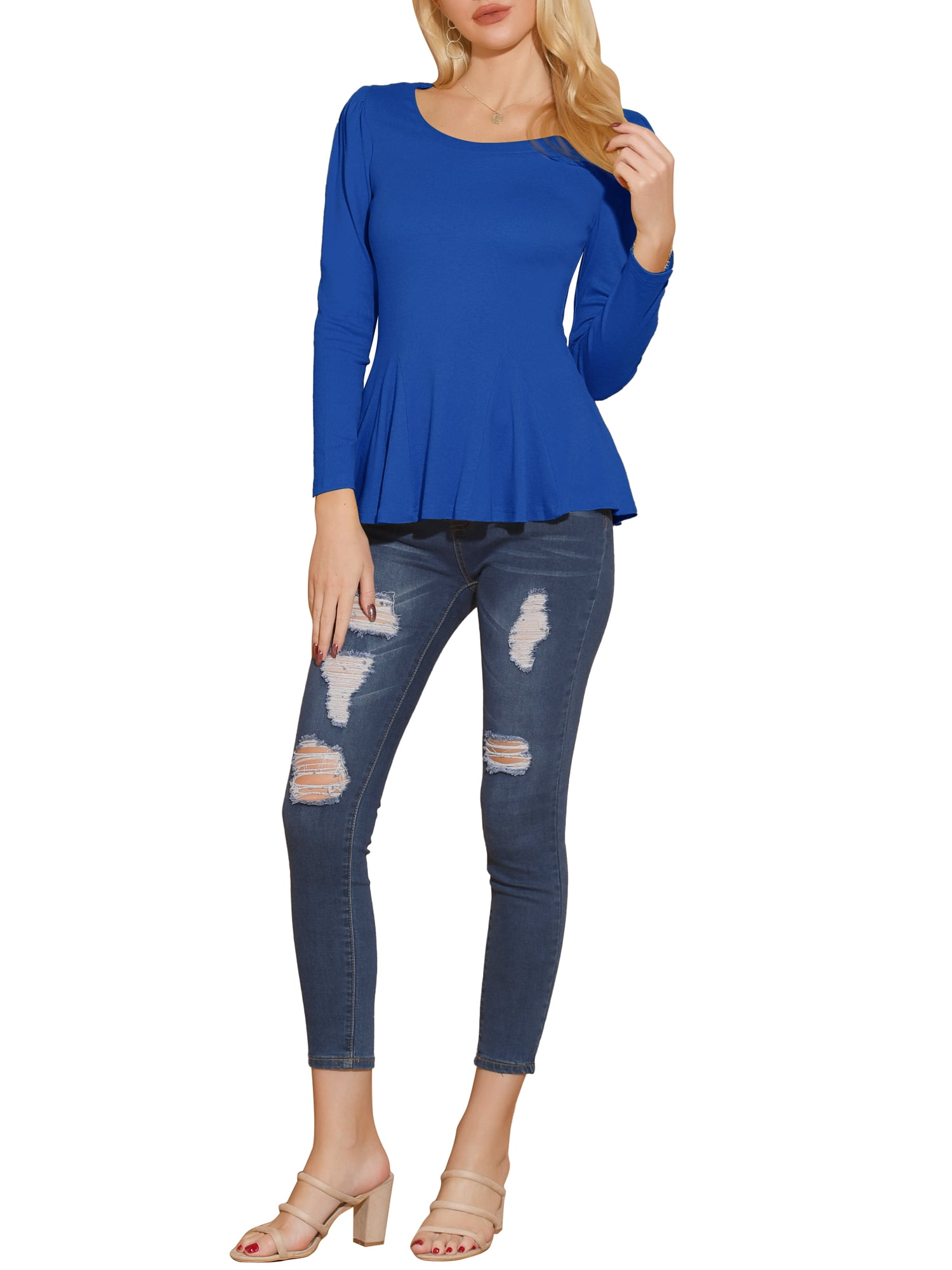 DARING DIVA Women's Long Sleeve Scoop Neck Top L Royal Blue