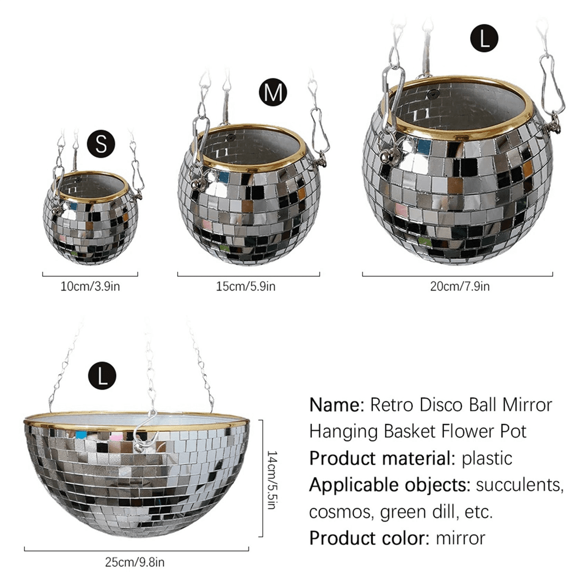 2X Disco Planter Shape Hanging Vase Flower Planter Pots with Drainage Mirror Hanging Basket Garden Decoration-XL