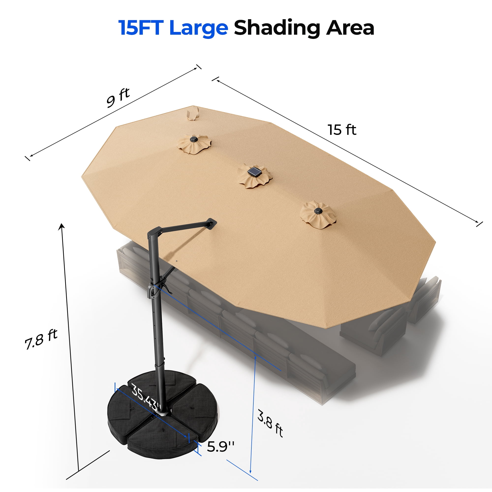 15FT Cantilever Patio Umbrella with LED Lights, 360°Rotation Large Double Sided Rectangular Outdoor Umbrella for Garden, Backyard, Pool, Deck, Beige(with Base)