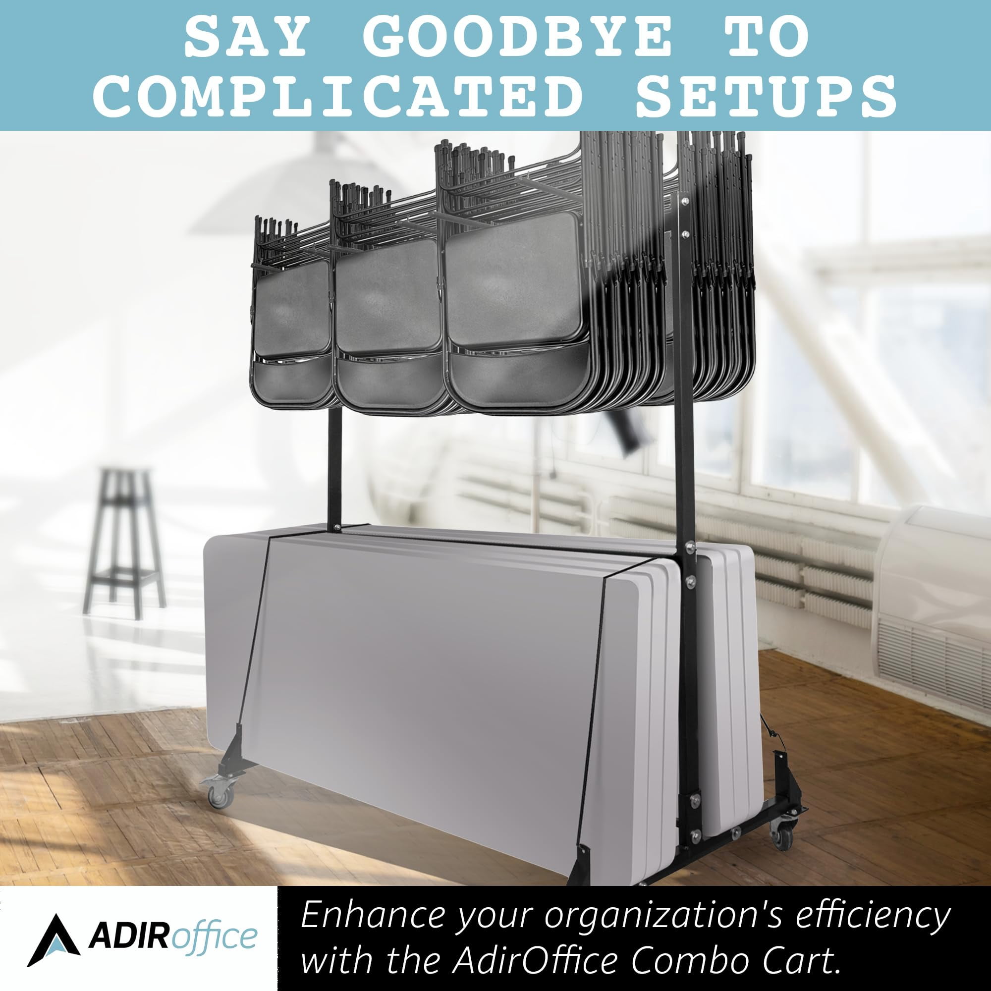 AdirOffice Combo Cart for Chairs & Tables - Foldable Seat & Table Wheeled Caddy - Steel Body Truck with Locking Swivel Caster Wheels - 600 Lbs Weight Capacity - Quick & Easy Assembly