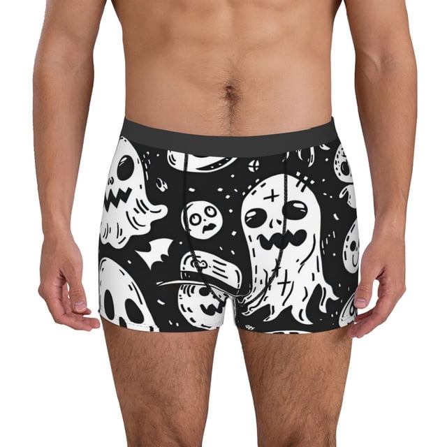 Fotbe Black White Spooky Ghosts Calzoncillos Tipo Boxer con Bolsa de Soporte Total para Hombre, X-Temp Fresco, Transpirable y de Secado Rápido-Large