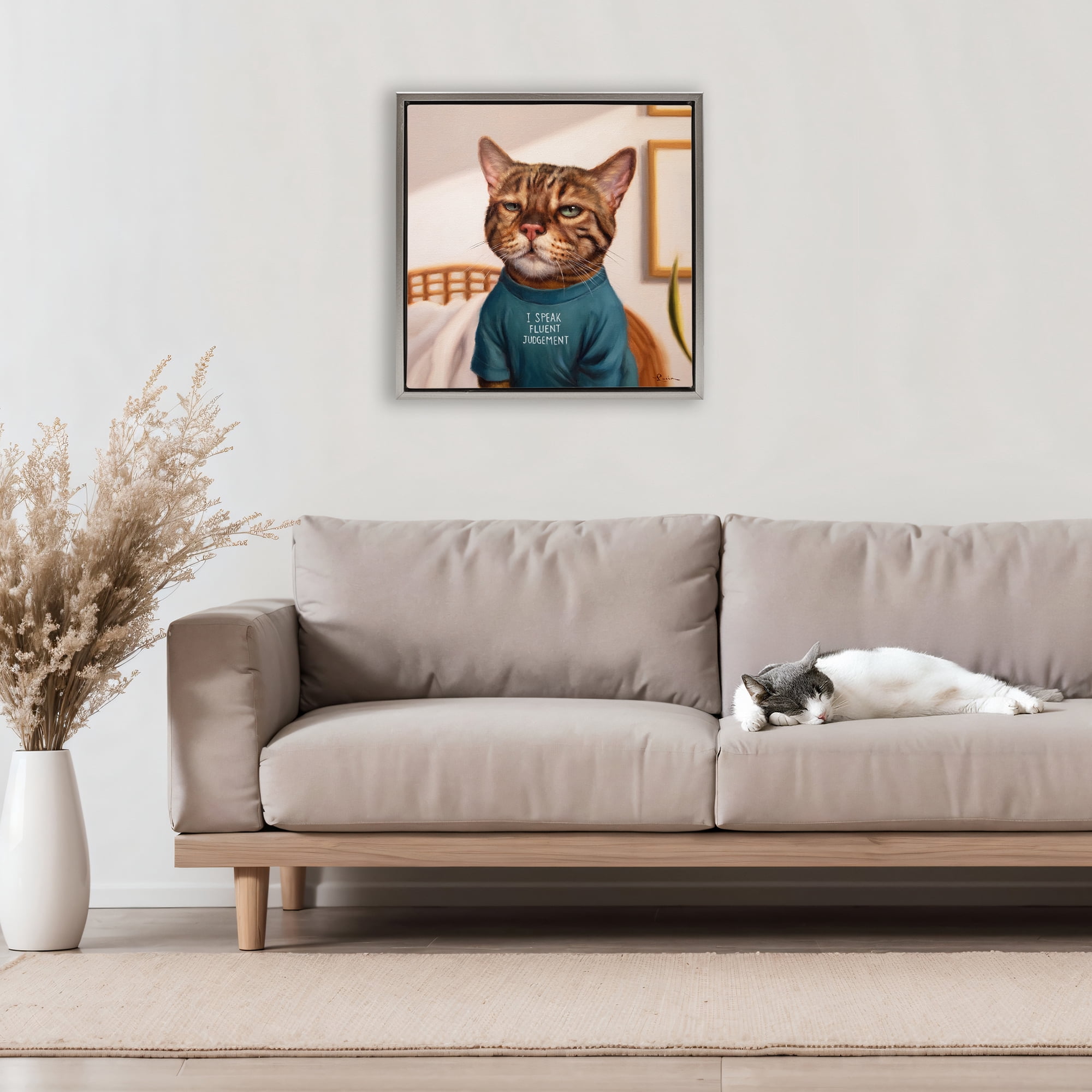 Stupell Industries Cattitude Speak Fluent Judgement Gray Framed Floater Canvas Wall Art, design by Lucia Heffernan