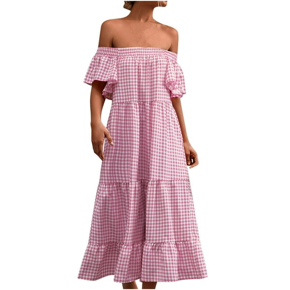 USSUMA Summer Pleated Flowy Tiered Plaid Dresses for Women Trendy Womens Off Shoulder Short Sleeve Maxi Sun Dresses Plus Strapless Long Aline Swing Sundress Beach Vacation Casual Dress