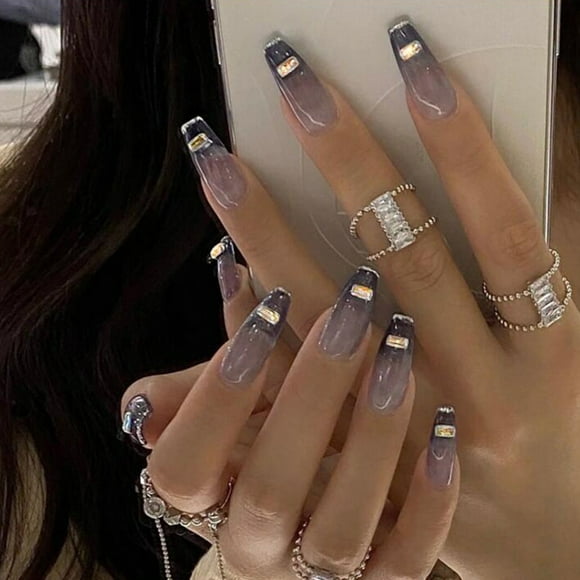 24pcs Glossy Ombre French Coffin Press on False Nails Extra Long Fake Fingers Ballet Nail