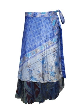 Mogul Women Floral Wrap Skirt 2 Layer Indian Vintage Sari Skirt Beach Wear Reversible Wrap Around Skirts One Size