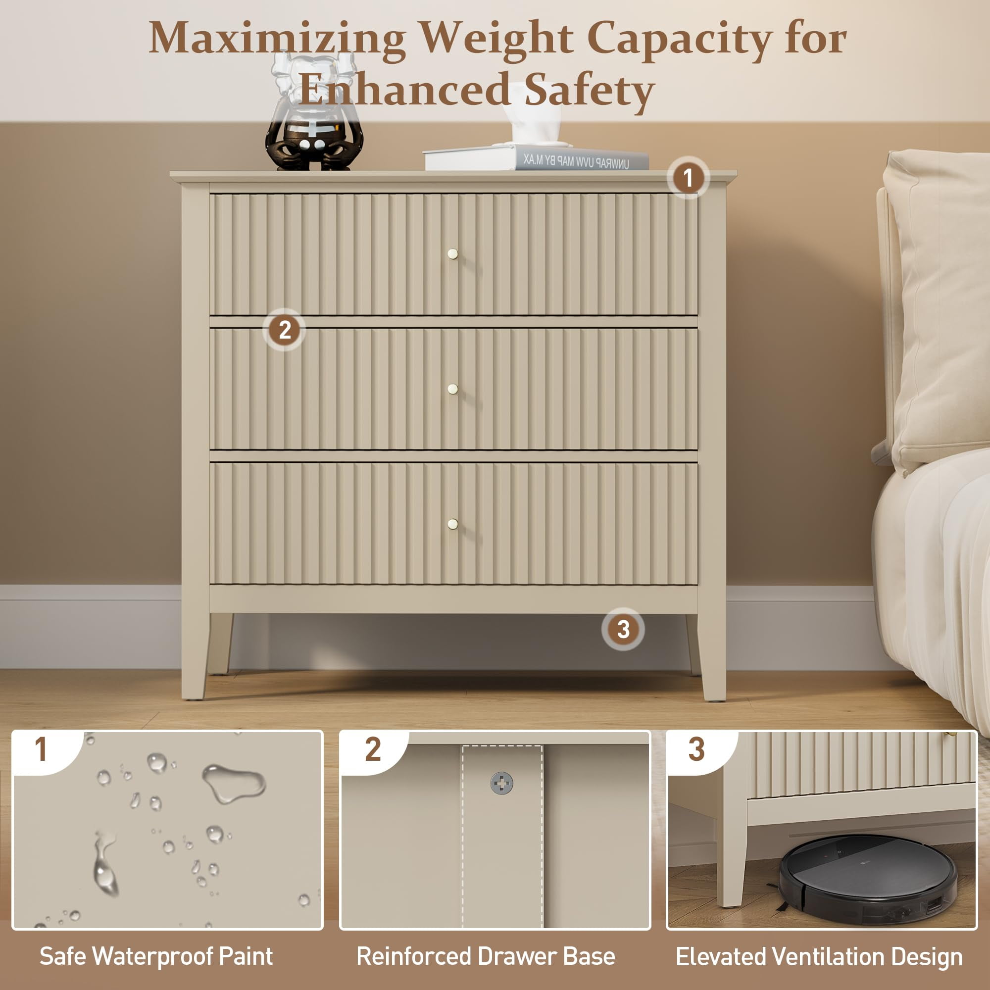May in Color Large Fluted 3 Drawer Dresser, Wide Modern Nightstand Cabinet for Bedroom, Living Room, Entryway, Beige