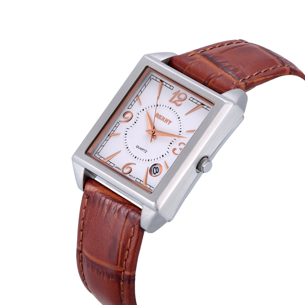 BERNY Square Watches for Men, Vintage Quartz Analog Leather Watch with Date Calendar, Stainless Steel, Waterproof, Dress Mens Wrist Watch Gifts (Rose Gold)