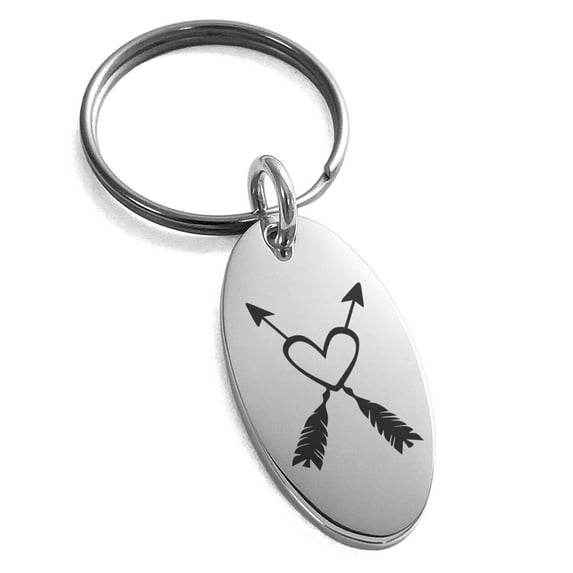 Stainless Steel Heart + Arrows Engraved Small Oval Charm Keychain Keyring