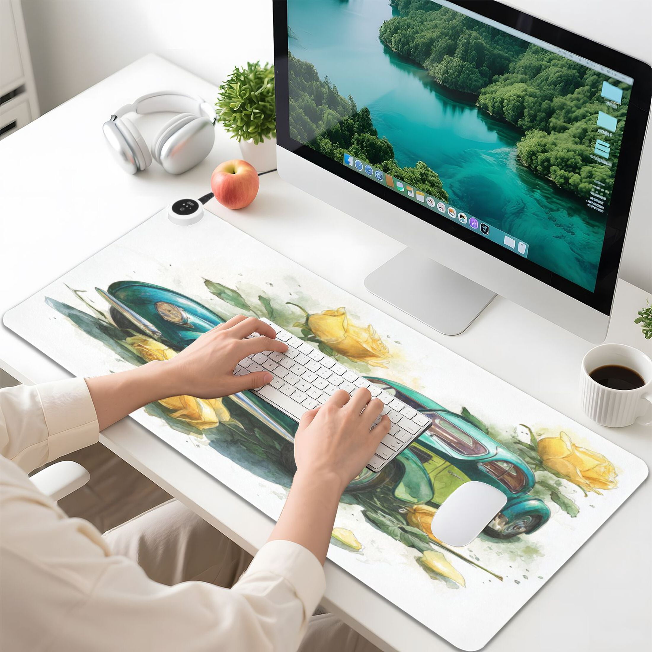 Large Heated Desk Mat Mouse Pad 31.5"x13"PU Leather Graphene Heating Desk Warmer with 3 Temperature Settings 110V US Plug Non-Slip Warm Pad for Home, Office, and Gaming Vintage Bugatti Yellow Roses