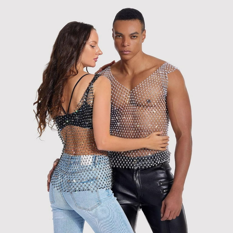 Sexy T Shirt Shiny Rhinestone Fishnet Women Tank Tops Y2K Mesh See