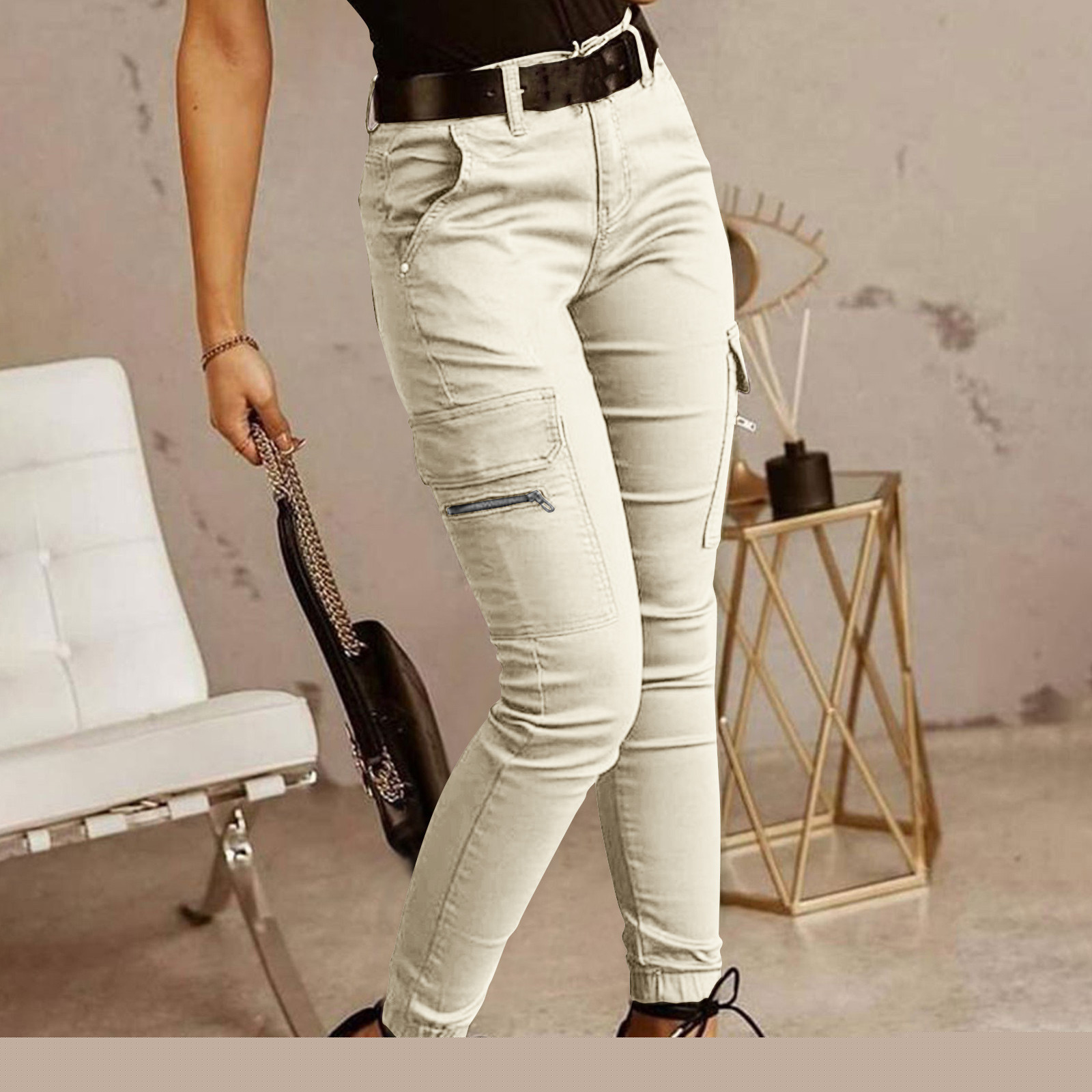thumbnail image 2 of Dezsed Skinny Pants for Women Stretch Slim Leg High Waist Pull on Pants with Pockets Casual Pencil Trousers for Work White XL, 2 of 5