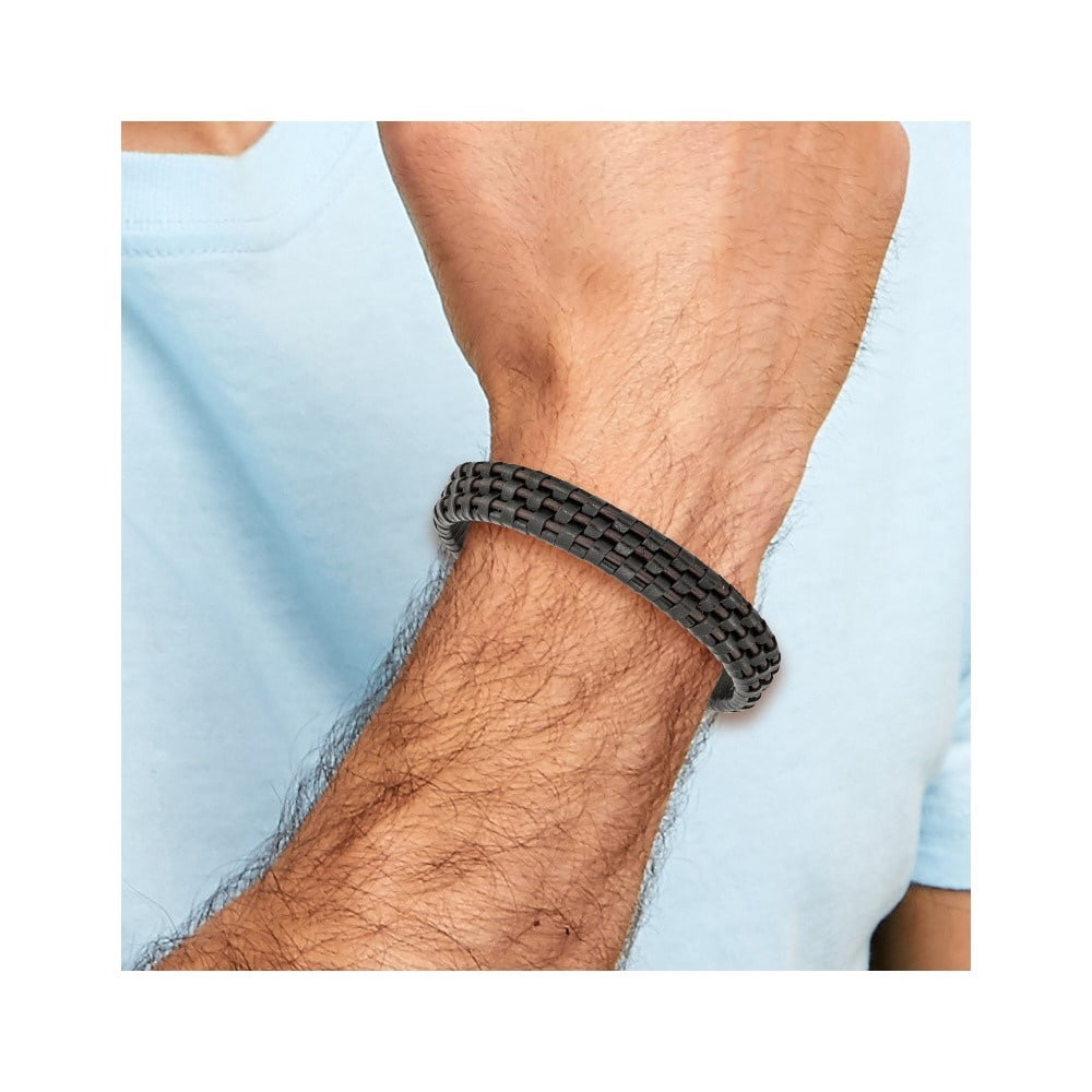 Diamond2Deal Stainless Steel Polished Black IP-Plated Black and Brown Leather Bracelet for Men 8.25"