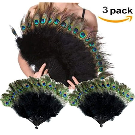 (Set of 3) Vintage Large 20 '' Peacock & Black Marabou Feather Fan ~ Flapper Accessories Elegant~Halloween Costume Party