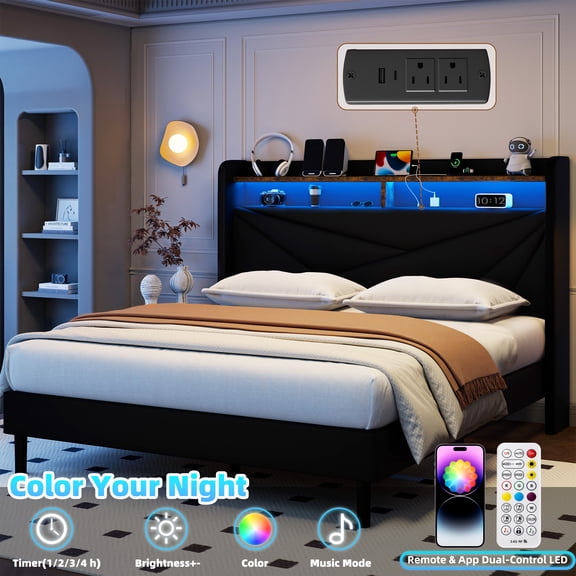 Frostbloom Queen Size Upholstered Platform Bed with Velvet Fabric, Geometric Wingback Headboard, LED Lights, Storage Shelves & Built-in Charging Station, Black