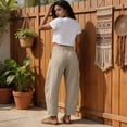 thumbnail image 4 of Barrel Linen Pants Women Boho Palazzo Cotton Drawstring Capris Plus Size Summer Beach Vacation Casual Baggy Trousers M, 4 of 5