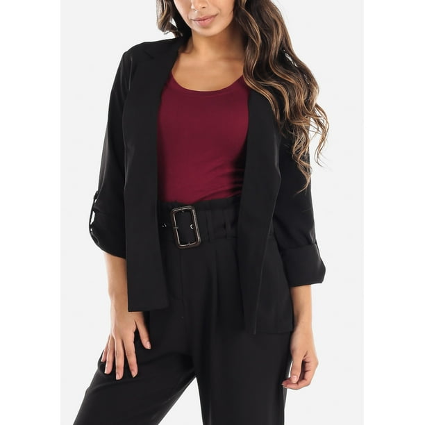 Moda Xpress Womens 3/4 Sleeve Blazer Open Front Roll Up Sleeve