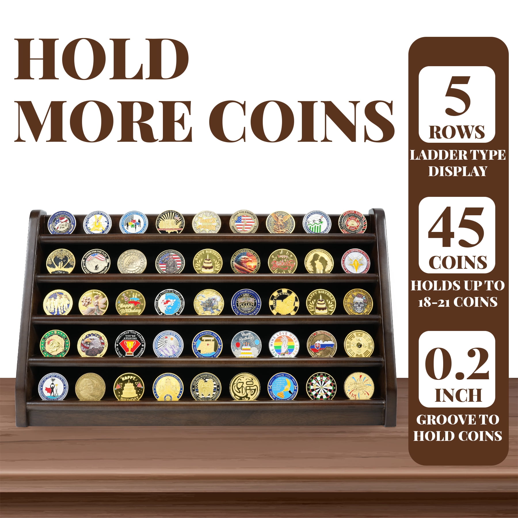 Atsknsk Challenge Coin Display Case, 5 Rows Military Wooden Holder Stand Holds 45 Coins for Wall or Desk Display, Coin Rack for Coin Collection