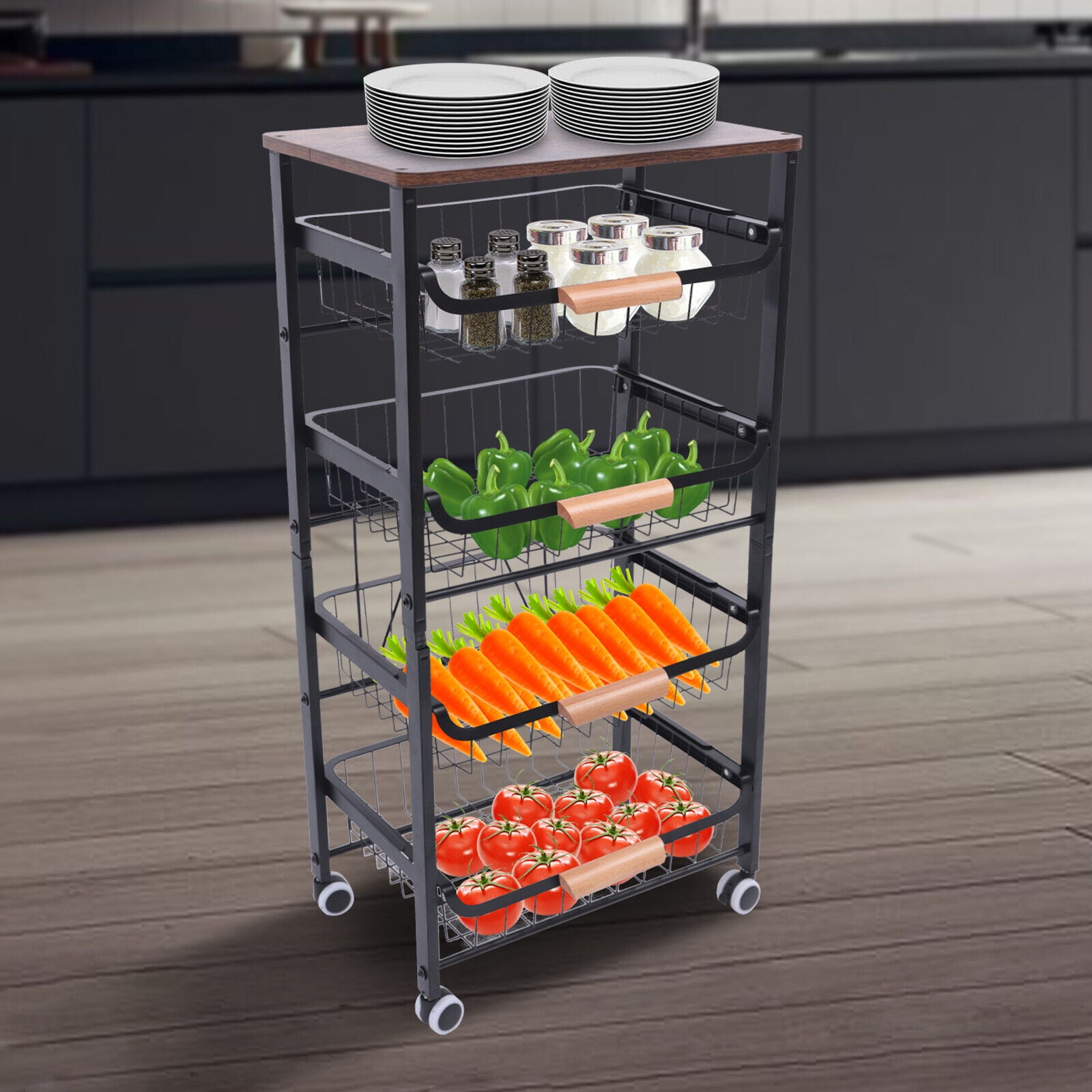Kitchen Storage Cart 4 Tier Rolling Stackable Basket Utility Cart Rack