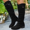thumbnail image 2 of Pandaie Western Cowboy Boots for Women Wide Calf Cowgirl Knee High Boots Suede Chunky Low Heel Pull on Slouchy Riding Booties Black 9, 2 of 9