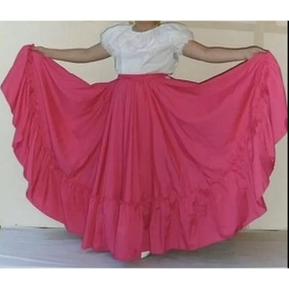 Women Skirt Practice Folklorico Mexican Flamenco Falda Doble Vuelo Mexico 30" Length Pink