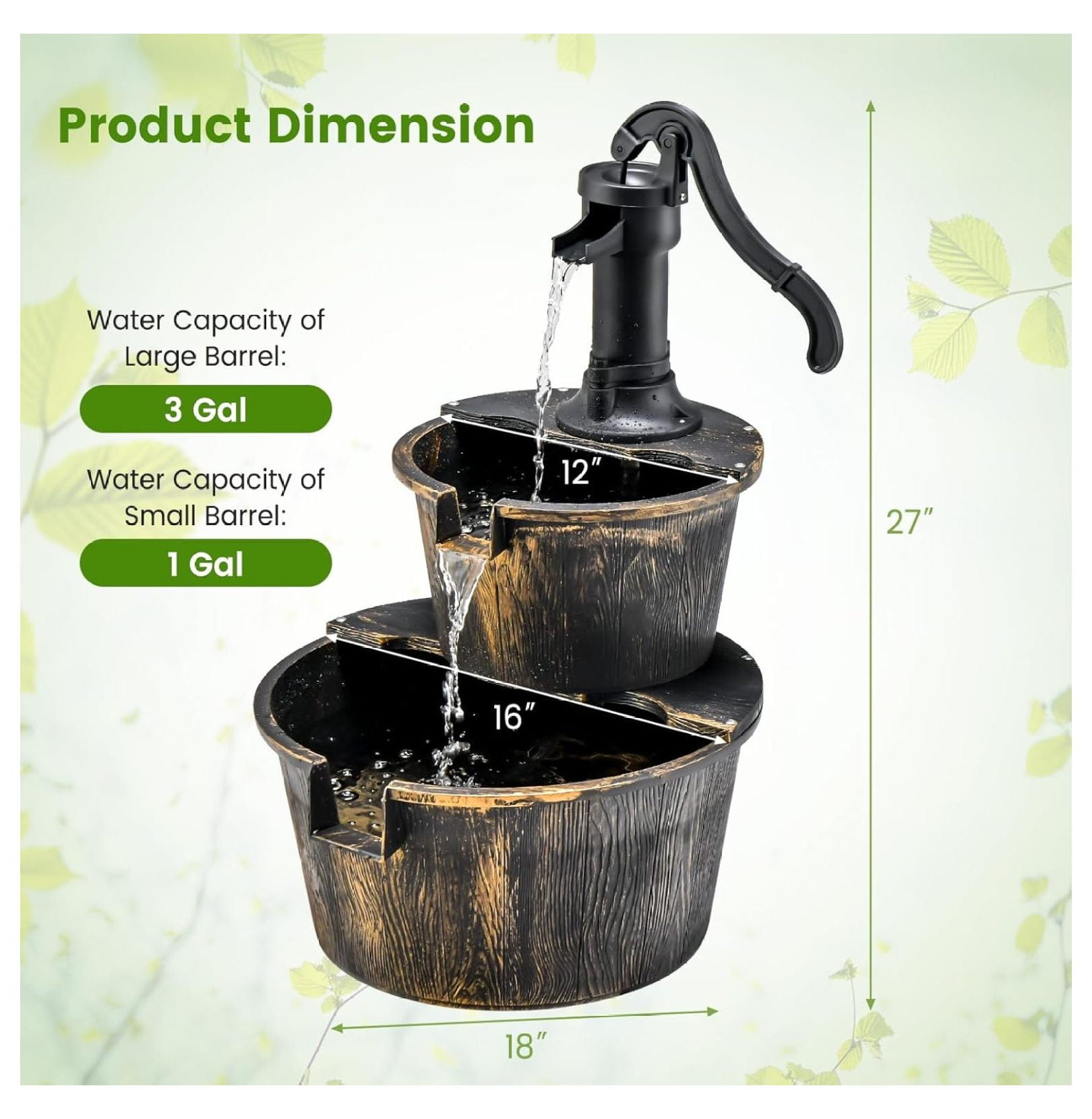 Water Fountain Outdoor, 2-Tier Water Feature Decor with Electric Pump, Freestanding Cascading Waterfall Fountain for Garden Patio Backyard Decor or Porch