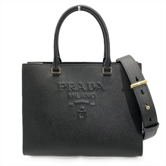 Pre-Owned Prada embossed logo shoulder bag, 2-way, Saffiano leather, black, gold hardware,...