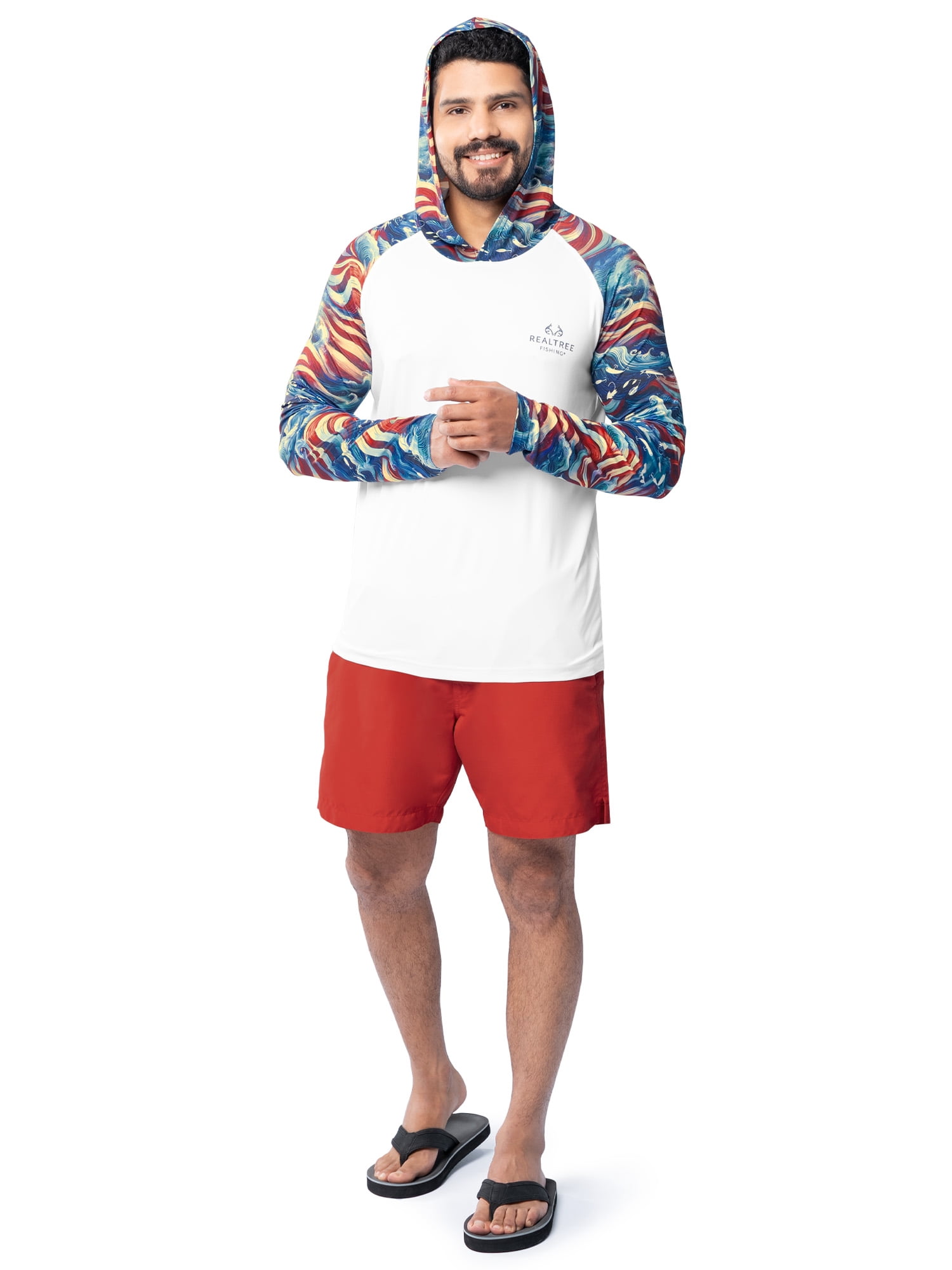 Realtree Men's Fishing Flex Americana UPF30 Long Sleeve Performance Hooded Shirt, Size S-3XL