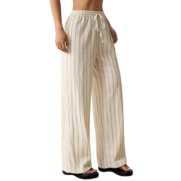 Women's Striped High Waist Drawstring Wide Leg Loose Casual Trousers with Pockets Color XS