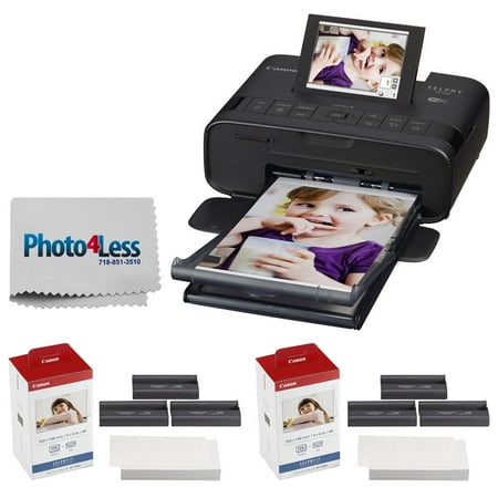 Canon SELPHY CP1300 Compact Photo Printer (Black) + 2x Canon KP-108IN Color Ink and Paper Set + Photo4Less Cleaning Cloth - Deluxe Value Printing (Best Value For Money Printer)