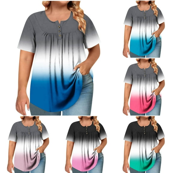 Otvok Spring Summer Plus Size Tops for Women Short Sleeve Round Neck Button Up Pleated T-shirt