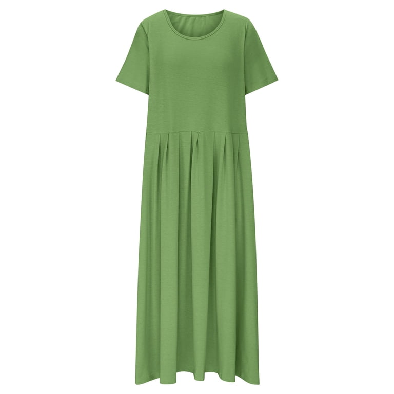 ruched short sleeve loose green midi dress VSSSJ Midi Dresses for Women Casual Square Neck Solid Color Short Sleeve Ruched High Waist Loose Fit Summer Cotton Linen Dress Army Green XXL