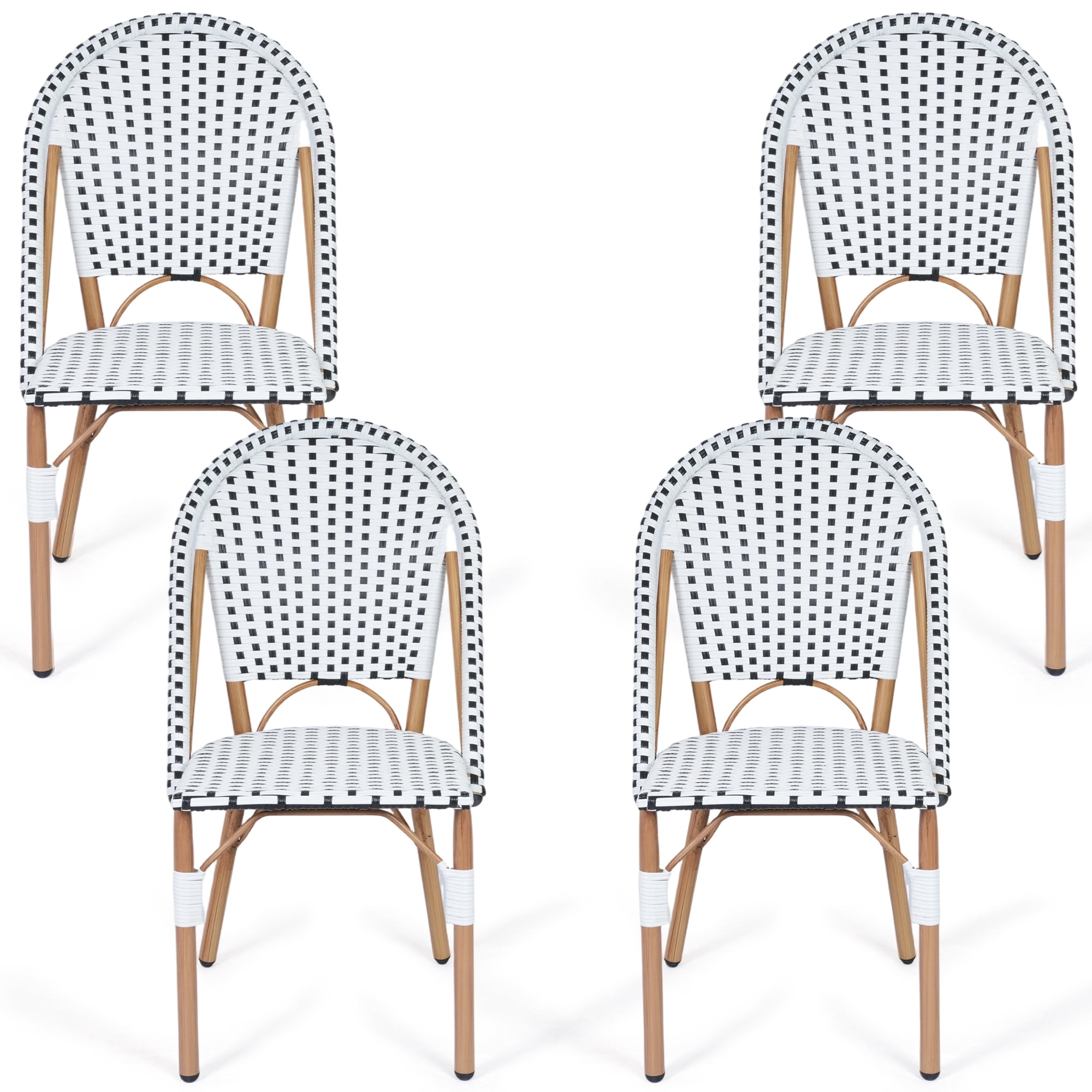 DELMANGO 4-Piece Wicker Outdoor French Bistro Chairs, Armless Patio Chairs, Stackable Outdoor Dining Chairs with Metal Frame, White/Black