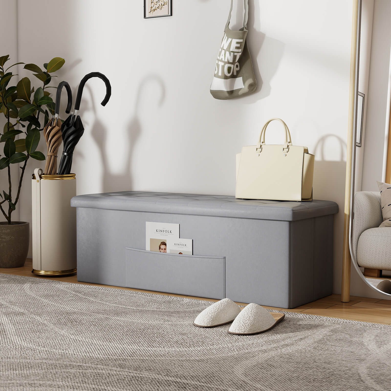 Costway 43 Inches Folding Storage Ottoman Bench with Side Pocket Storage Chest Dark Gray