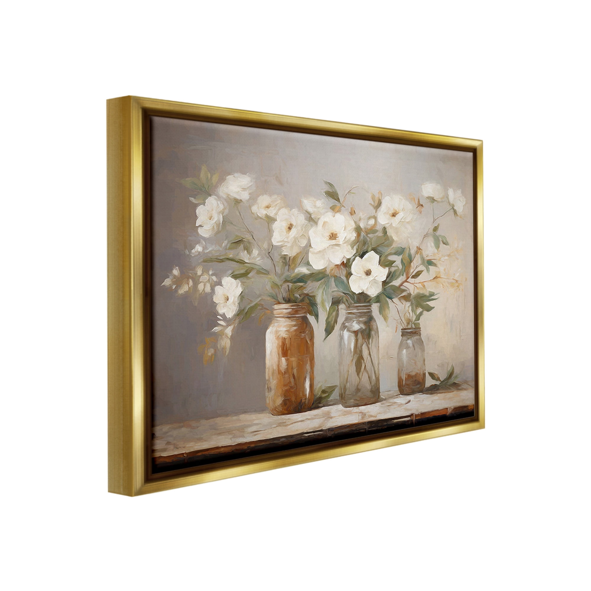 Stupell Industries Vintage Farmhouse Blooms Botanical & Floral Painting Gold Floater Framed Canvas Art Print Wall Art, 31 x 25