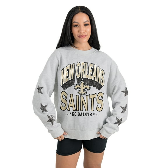 Women's Gameday Couture  Ash New Orleans Saints Resilience Relaxed Rhinestone Pullover Sweatshirt