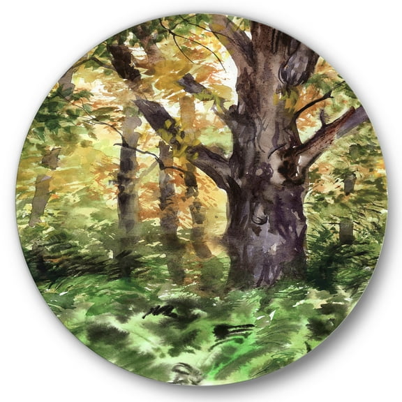 Designart 'Autumn Forest With A Large Tree' Lake House Circle Metal Wall Art 36x36 - Disc of 36