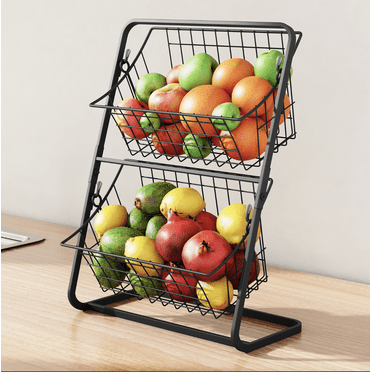 2-Tier Fruit and Vegetable Metal Storage Basket Organizer with Removable Baskets