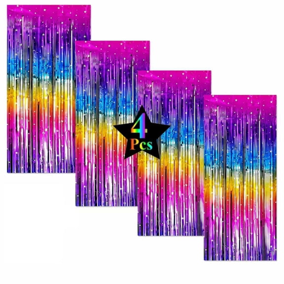 4 Pack Rainbow Colorful Foil Fringe Curtains,Metallic Tinsel Iridescent Streamers for Birthday Party Streamers Photo Booth