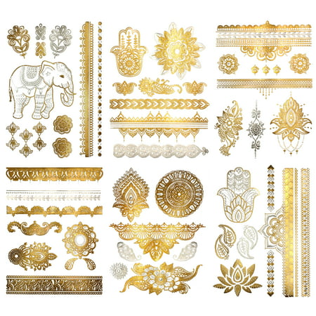 Premium Metallic Henna Tattoos - 75+ Mandala, Mehndi, Boho Designs in Gold and Silver - Temporary Fake Shimmer Jewelry Tattoo - Flowers, Elephants, Bracelets, Wrist and Arm Bands (Maya