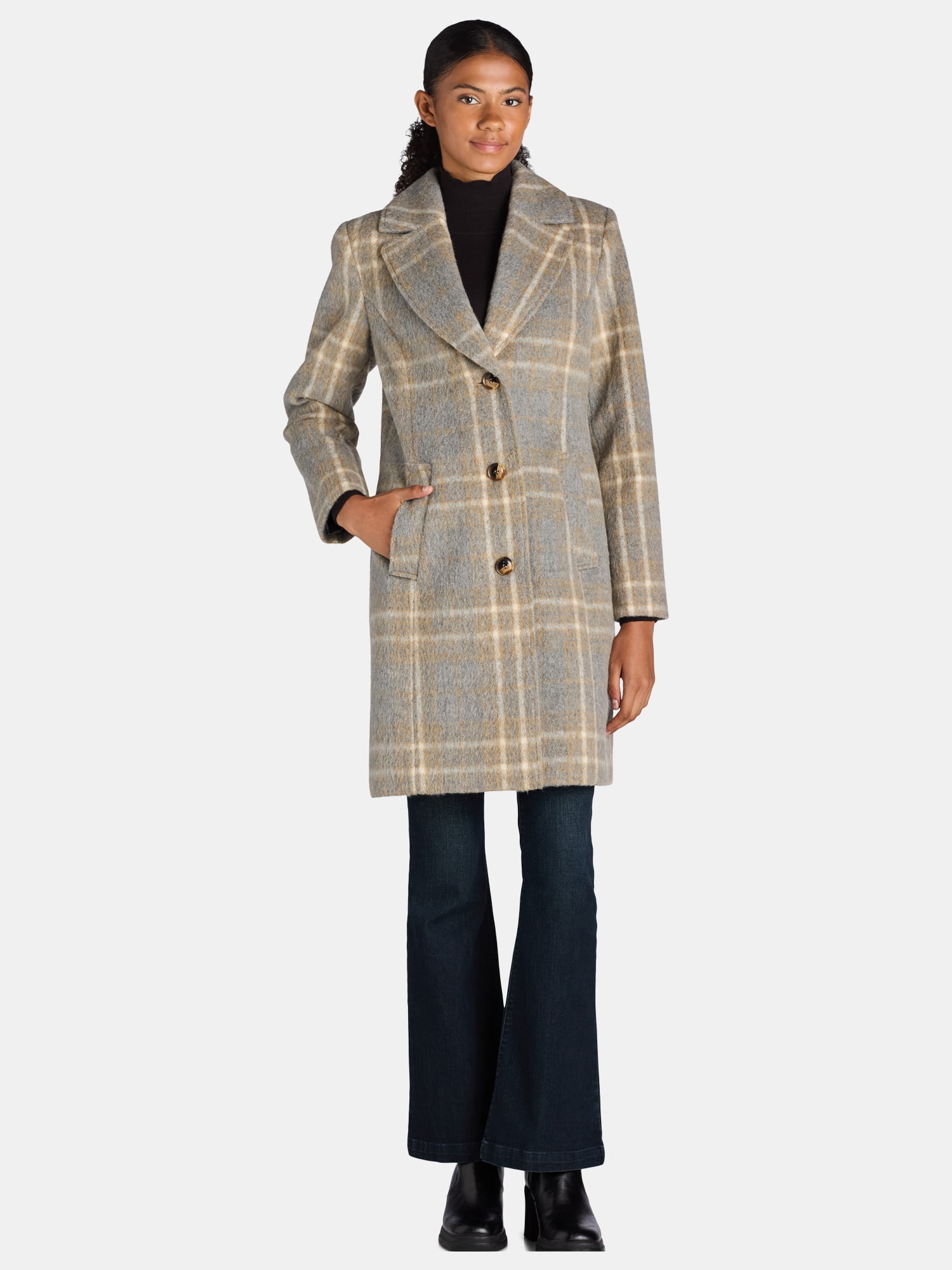 Time and Tru Women's and Women's Plus Faux Wool Boyfriend Coat, Sizes XS-3X