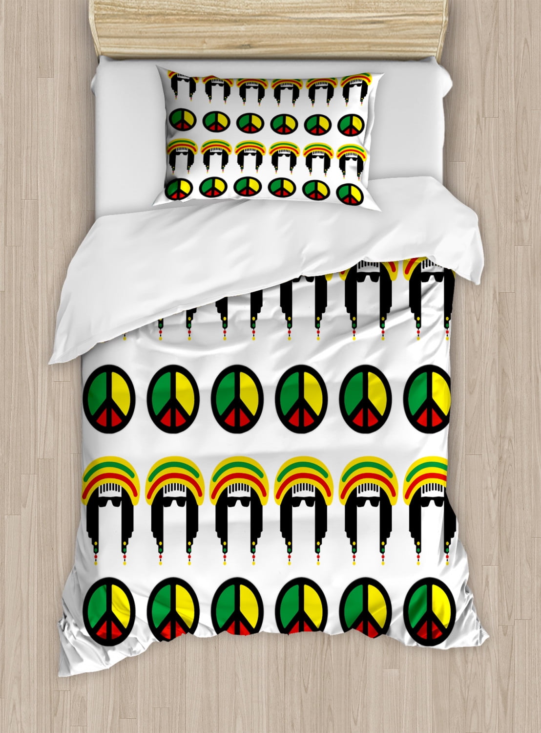 Jamaican Duvet Cover Set Twin Size, Reggae Icons Colorful Peace Symbols ...