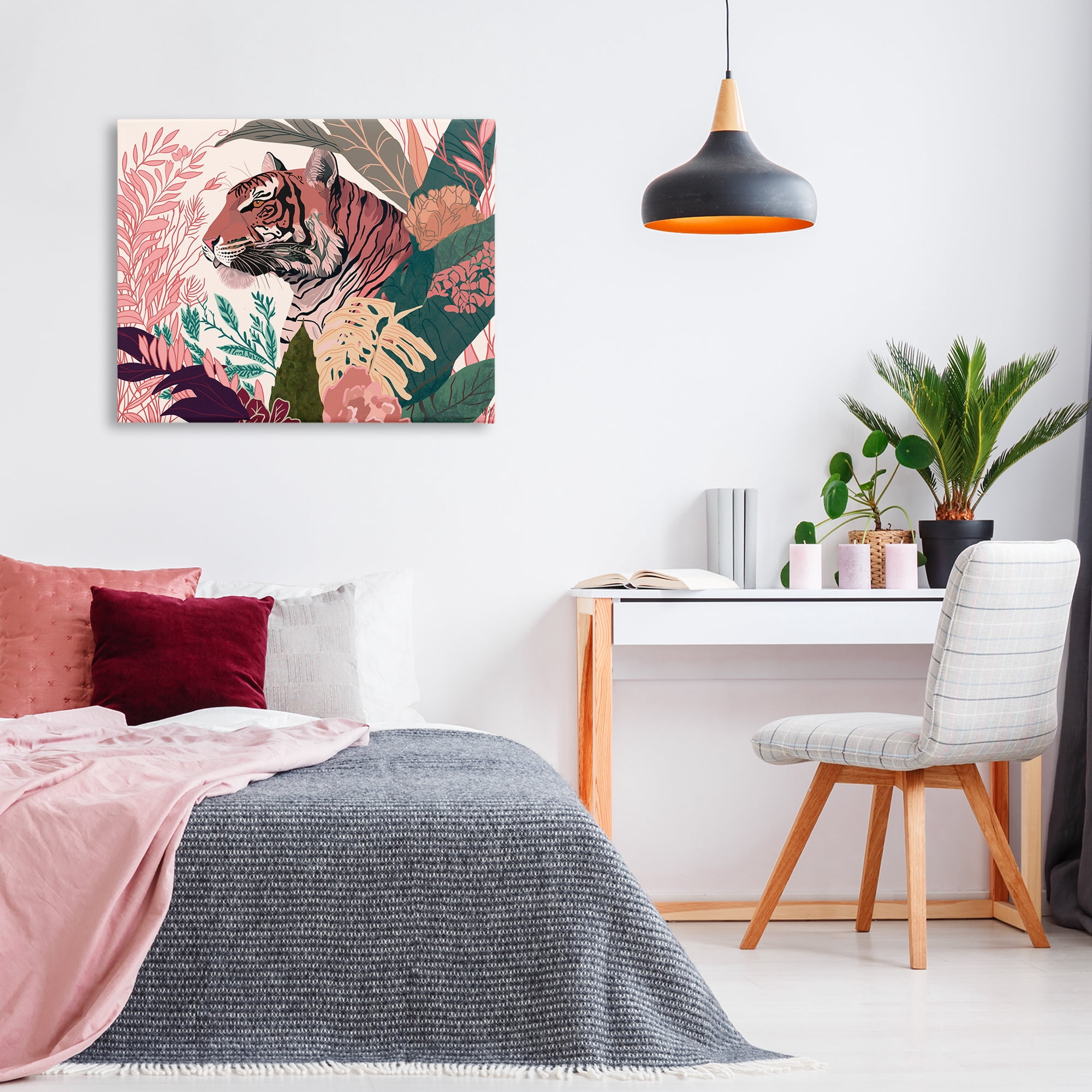 Stupell Industries Tiger Peeking from Leaves Animals & Insects Painting Gallery Wrapped Canvas Art Print Wall Art, 40 x 30