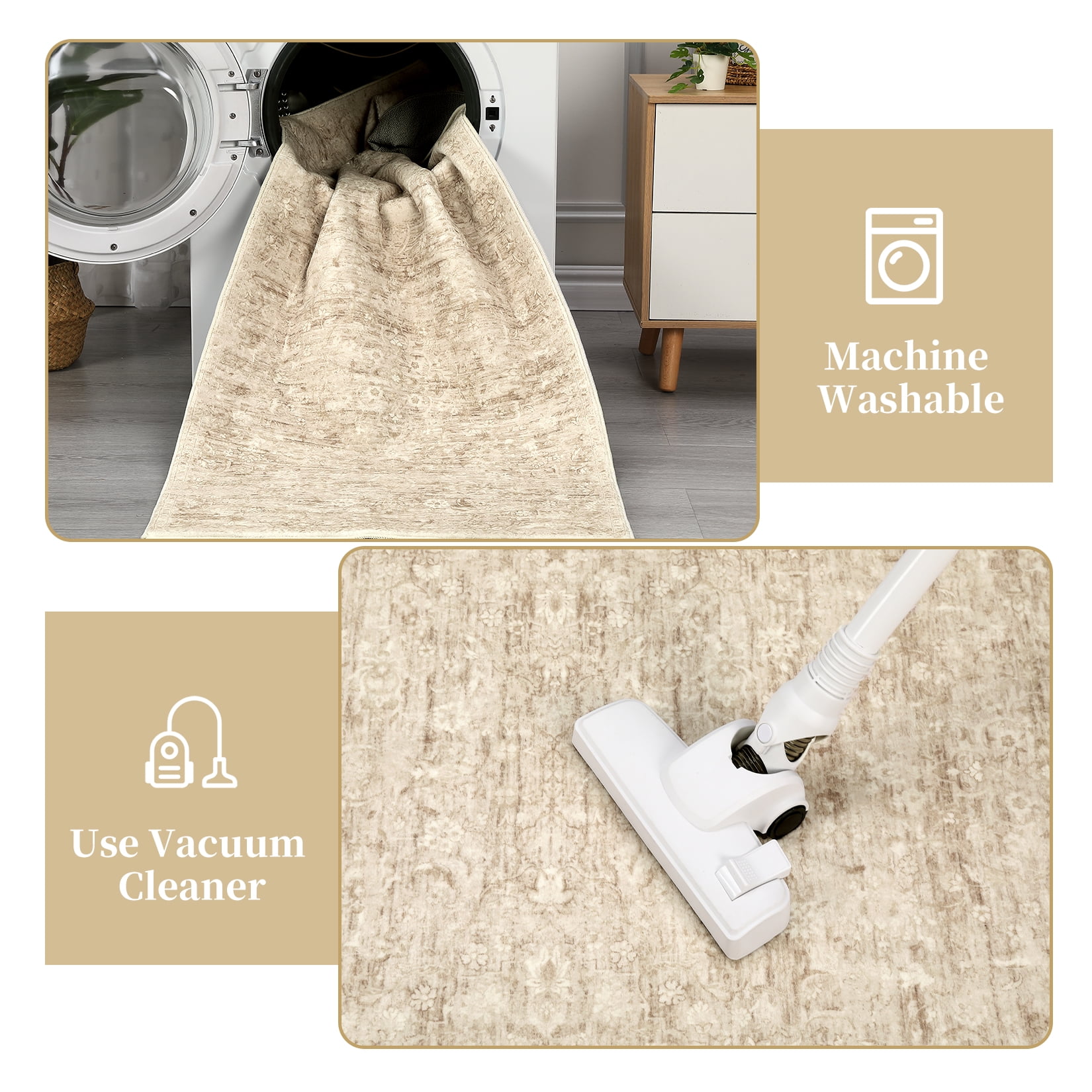 Hasoo 9' x 12' Area Rug for Living Room Boho Vintage Rug Non Slip Throw Rugs Floral Bedroom Rug, Camel